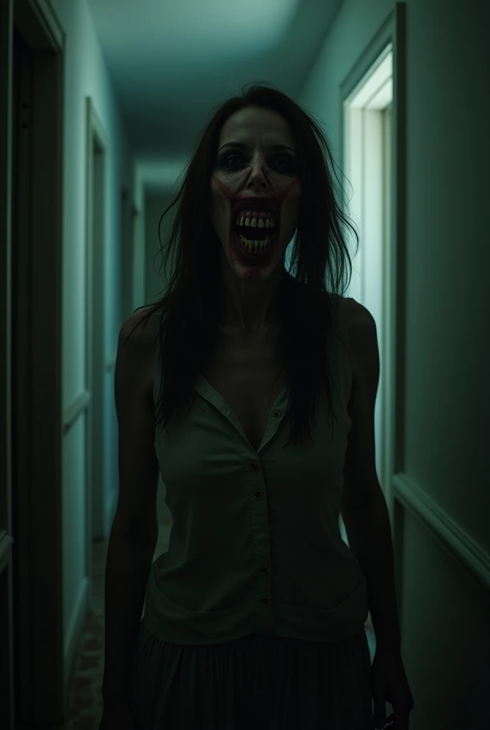 (Realistic:1.5) (masterpiece) (full body portrait)) horror white eyes, freckles, lamp, undead, upper body, simple background, monster, portrait, light, saliva, blurry, teeth, colored skin, black sclera, desk lamp, jacket, <lora:EdobHorror_v1.0:0.8>