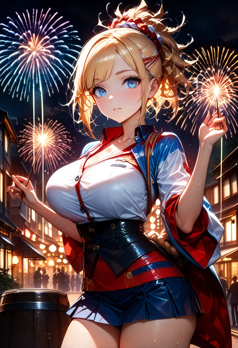 (Highest quality、masterpiece、Super detailed,8K),(Silver braided short bob),(yukata、Soft curves、Large Breasts、A fascinating body)、Summer festivities,stall,Detailed Background、night、night景、(Colorful lights),(Eat chocolate banana),(happy Smile)、firework