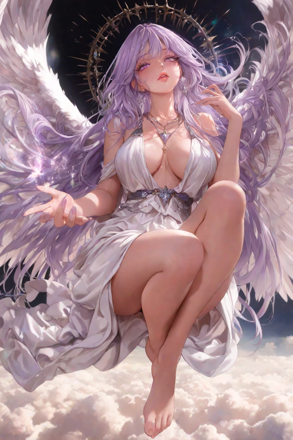 A masterpiece, very detailed, ultra-detailed, One, a female goddess, a beautiful woman, the most beautiful woman - pleasant skin, long hair, straight hair, bright pink hair and parting on the sides, bright pink eyes, thin pink dragon horns and pink Seraphim wings, and Greek women's clothing, with huge breasts(big), With a lush and soft body, bright bright hearts and an aura of love around her, she sits on a cloud
