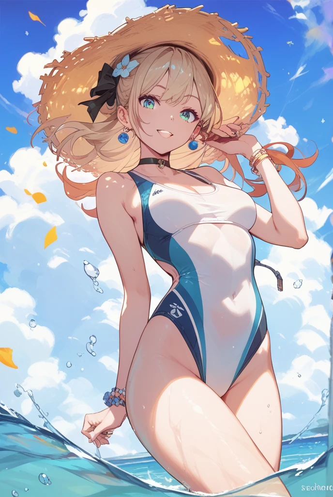 Best quality at best, tmasterpiece, Incredibly beautiful, very elaborate 8K wallpaper, otherworldly beautiful girl, , (Fair skin), (blonde hair pink gradient hair), Side pony, intermittently, Open your mouth and laugh, Long eyelashes, cosmetics, opening eyes, (zoomout, The large, BigREAK, 夏天, Beachy, (比基尼), Reflection in the water, (Floating water drops blur foreground), (blue-sky), lens flare glow, (water splash), rays of sunshine,