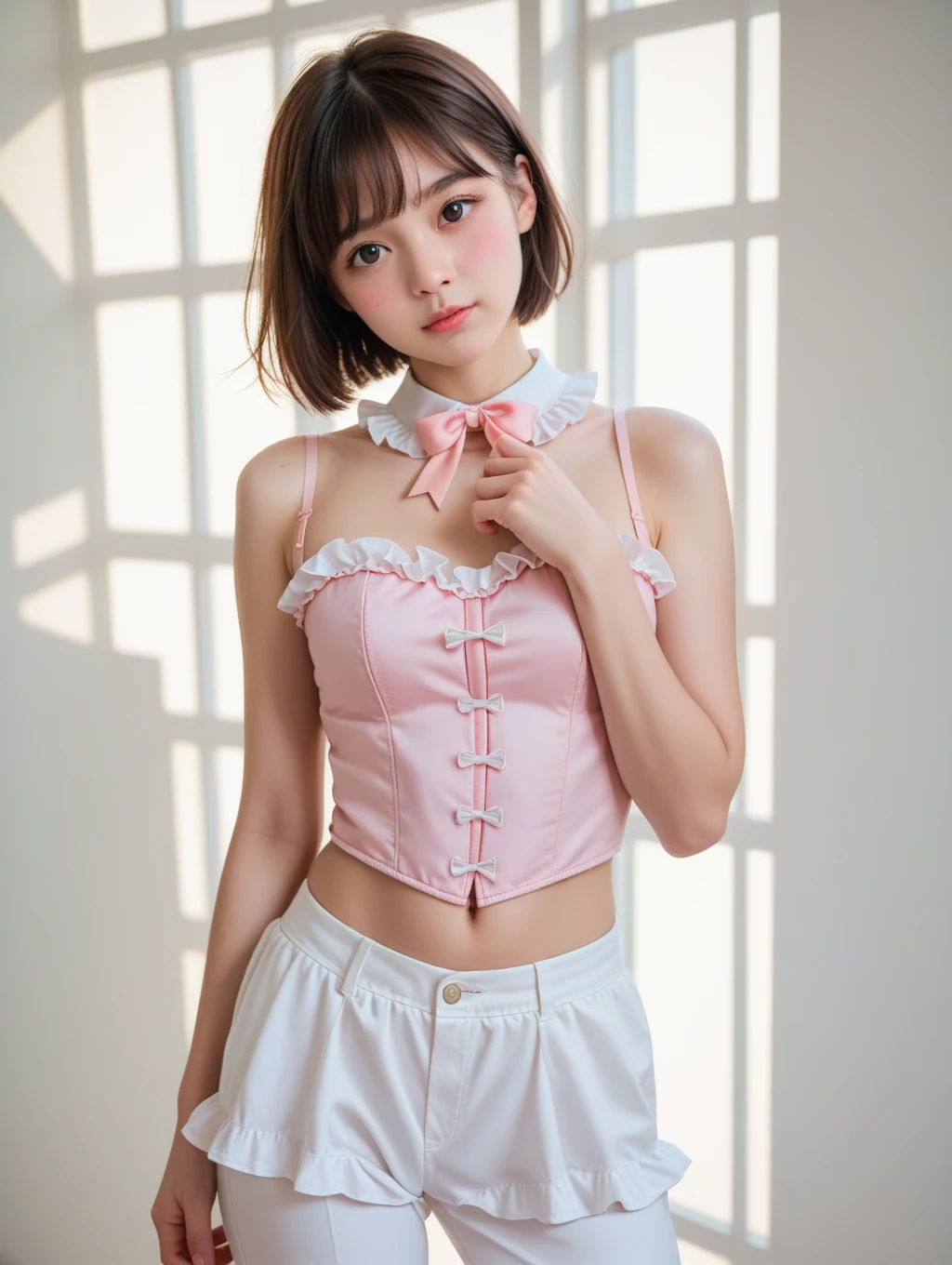 a closeup, ​masterpiece, top-quality, FULL ANATOMY、Raw foto, Photorealsitic、(Cute little face:1.4)、(Very cute smile:1.7)、(with round face:2)、(She has a cute face like an idol:1.3), A dark-haired、(Tokusatsu Pink、Pink Ranger:1.5), depth of fields, hight resolution, ultra-detailliert, finely detail, ighly detailed, extremely detailed eye and face, Realistic pupils, foco nítido, Cinematic lighting、19-year-old woman、(One lady、独奏:1.3)、 short-haired、Very Shorthair、curlyhair、Very detailed 8k wallpaper、Plaid pleated skirt、Show me your whole body、(Plump panties:1.3)、Cute panties in light colors、White Sox、(Panties are visible from the skirt、Lift the hem of the skirt with both hands、Showing her panties to the camera）、is standing、Angle from below、(Thigh close-up)、(Nice figure、big breasts thin waist、Kubire、Clothes with emphasized chest bulge)、depth of fields、Bokeh in the background