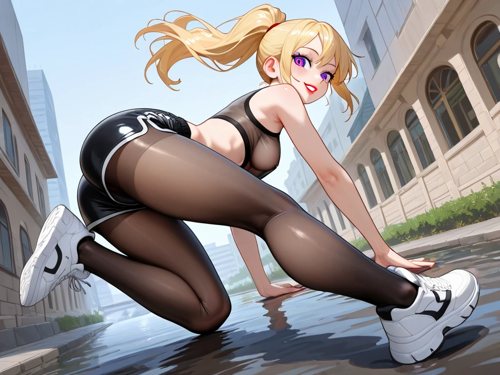 Anime girl, solo, anatomically correct, blonde one side ponytail, beautiful red eyes, freckles, choker, large breasts, black sports bra, revealing cleavage, small waist, wide hips, black tights, black sports shoes, posing, sexy pose, showcasing her body to the viewer, excited expression, happy expression, smirk, gym background, 8k, best quality