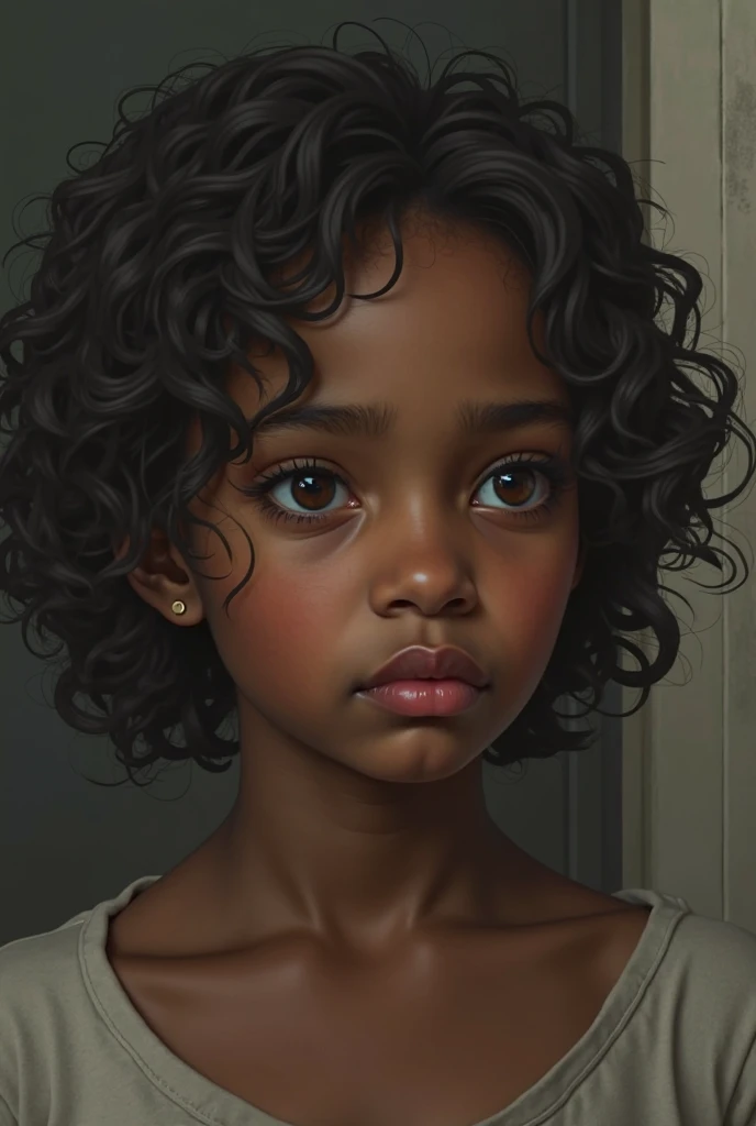 best quality, masterpiece, ultra high res, photorealistic, a 10 year old male child, dark skin color, with curly hair, closed on face