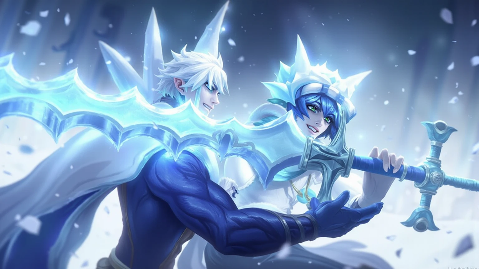 Two handsome young males, one elf, ,one human,ice sculpture ,erotic, 8 pack, ice