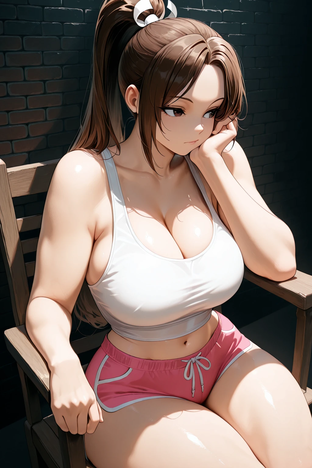 tmasterpiece, Best quality, ultra - detailed, realistically, illuminations,(1 busty girl),beautidful eyes, dress room, Close-up cleavage, (breasts focus), (crouched:1.2), (from below:1.1), legs are open, red blonde, pony tails, mediuml breasts, (Protruding cleavage breasts:1.3), cropped shoulders:1.1), shorter pants, Crop top