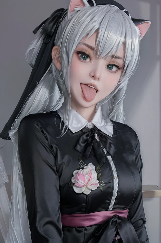 hyper HD,high qulity,Textured skin,8K分辨率,Three-dimensional painting,Double ponytail white hair anime beautiful girl,Cute, good looking,Mother and daughter donburi,The face is delicate,There is love in the eyes,Sick,Moaning and panting,seductiveexpression,Flushed face,There is a nose,Delicate facial features,Zhu lips,Stick out her tongue,There is milky white transparent saliva on the tongue,There is a tongue,There is tongue moss,The tongue is real,blacksilk,Collar,leg loops,锁链,bare-legged,tmasterpiece,