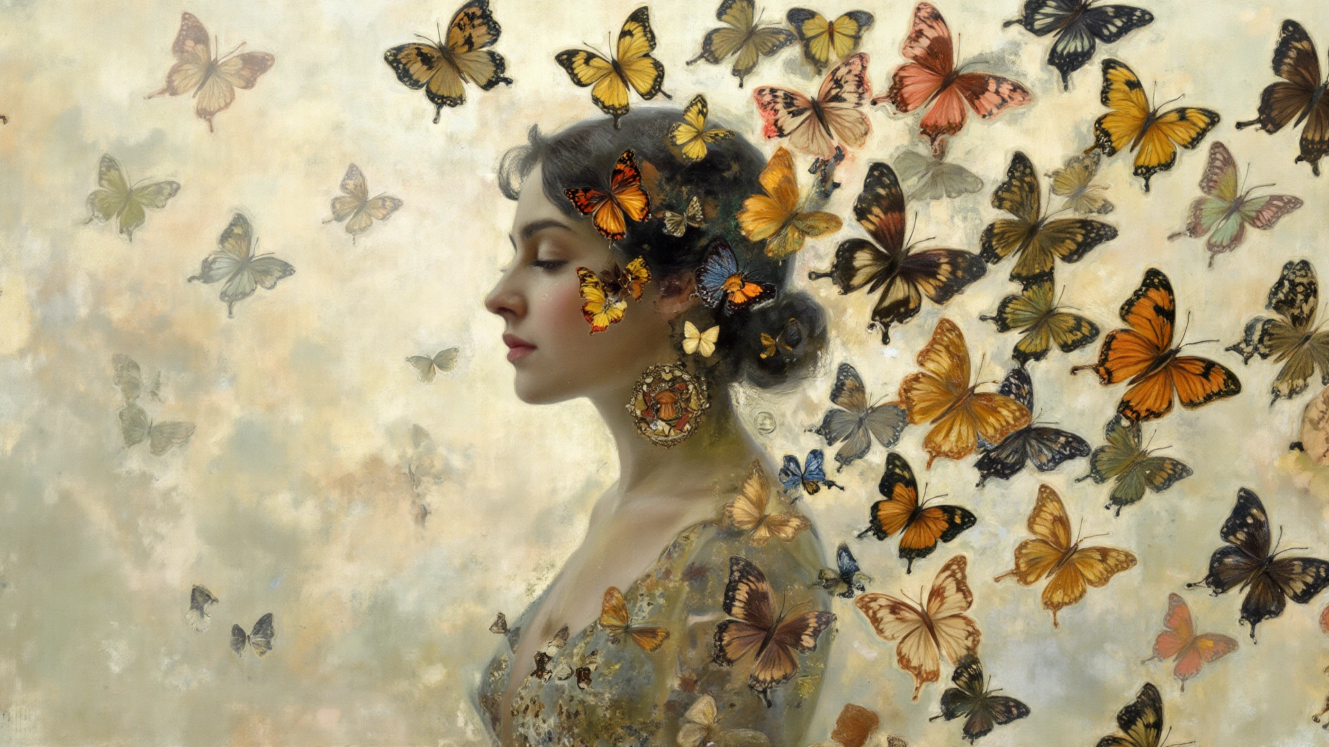 8k portrait of beautiful cyborg with brown hair, intricate, elegant, highly detailed, majestic, digital photography, art by artgerm and ruan jia and greg rutkowski surreal painting gold butterfly filigree, broken glass, (masterpiece, sidelighting, finely detailed beautiful eyes: 1.2), hdr,