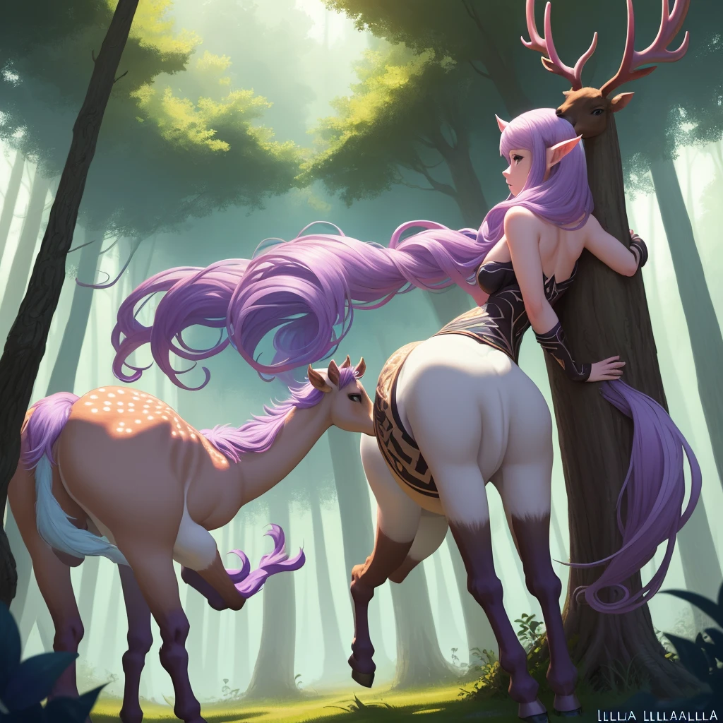 Lillia from League of Legends, ((deer centaur)), 4 hooves, two arms, two hands, deer tail, fluffy, high resolution, realistic, Soft, 4K, upscales, high detail, Delicate fur, forest, big breasts, big nipples, hyper areola, long nipples, 4 legs, feral, stretching, smile, purple eyes, 1 girl, peeking at viewer, big feral deer butt, throbbing horse cock, presenting hyper balls, saggy balls, back toward viewer, looking back at viewer, erection