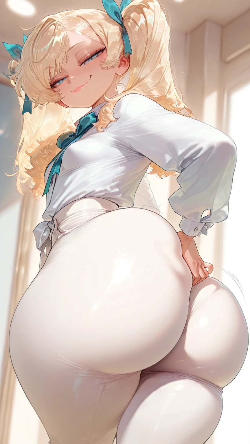 Role-playing game (RPG) style fantasy beautiful woman wearing a bright blue ((ribbon tutu)), <lora:xl_ribbon_tutu-1.0:2>, from behind, cameltoe, cheeky smile, score_9, score_8_up, score_7_up, score_6_up, score_5_up, score_4_up, . Detailed, vibrant, immersive, reminiscent of high fantasy RPG games