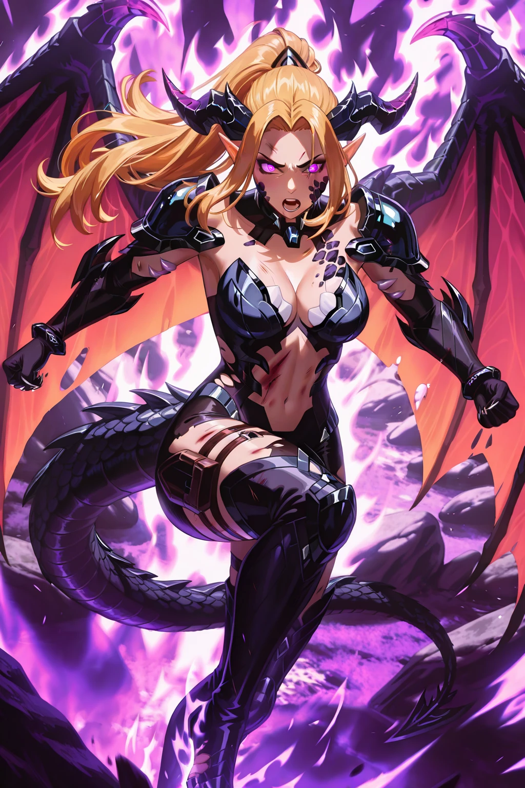 anime character with a sword and a demon in a dark room, guilty gear art style, vanillaware artwork, cushart krenz key art feminine, dark sorceress full view, anime monster girl, black magician girl, holy cyborg necromancer girl, chrono trigger guilty gear style, dark sorceress, /!\ the sorceress