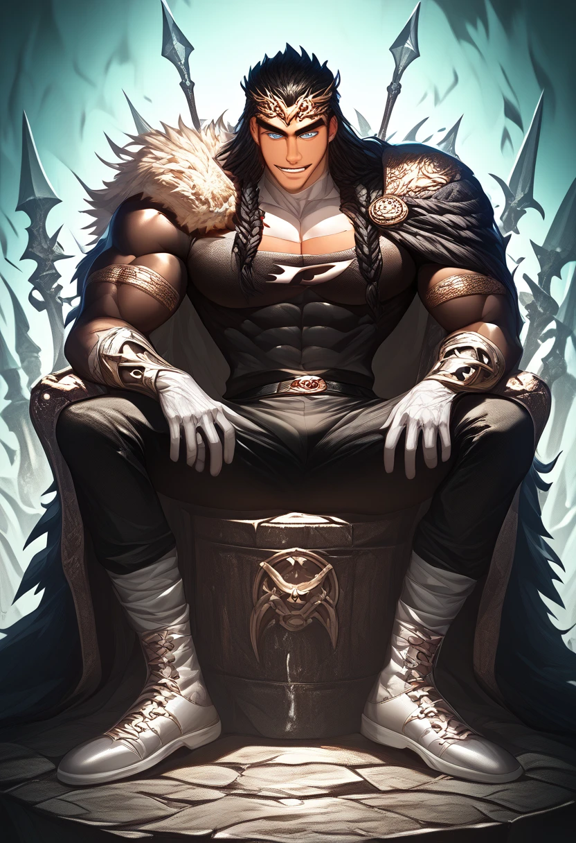 score_9, score_8_up, score_7_up, score_6_up, 1boy, upper body, king sombra, unicorn, cloak, crown, evil grin muscular, huge pecs, biceps, muscular thighs, detailed armor, anthro, black fur, red eyes, chain jewelry, gothic castle, castle, cathedral ,underboob, eyes glow, dark room. BREAK 1boy, king sombra standing beside hyrule ganondorf, hyrule warriors ganondorf, long red hair, armor, castle, battle style