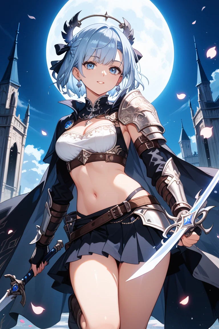(masterpiece:1.2), best quality,PIXIV,
1girl, solo, armor, hair over one eye, sitting, blue eyes, cape, breasts, weapon, sword, thighhighs, skirt, boots, shoulder armor, gauntlets, medium breasts, bodysuit, short hair, simple background, pauldrons, head wings, planted, planted sword, grey hair, armored boots, sidelocks, cleavage, greaves, black skirt
<lora:line style_20230720122106:0.8>