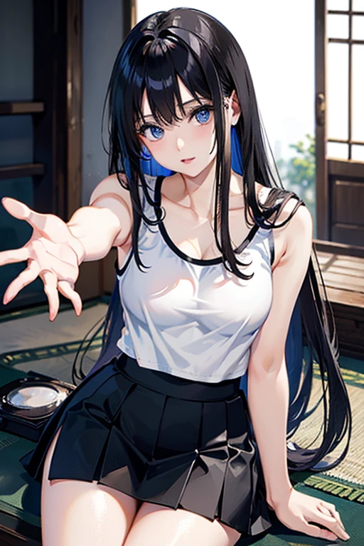 girl with long hair, Bblack hair e mechas roxa, long hair, black hair ((Bblack hair)) sultry gaze, lovely eyes, provocative smile (Bblack hair escuro) Lots of details in the clothes, detailed light and shadow, 8K, Perfect anime, sexy girl, big boobies, very sensual