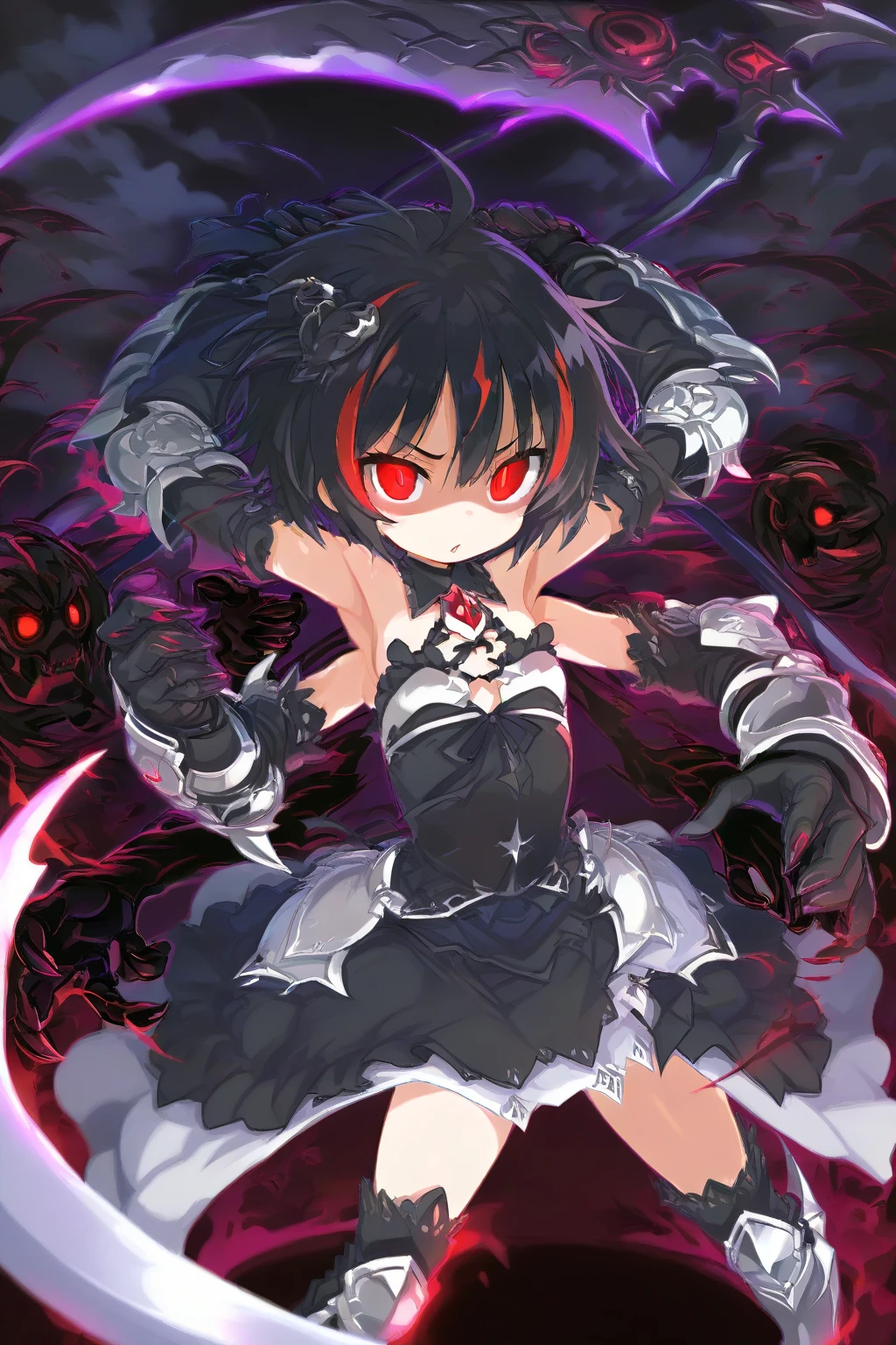 anime screenshot, 1 adult girl, dark sorceress witch, magic battle scene, powerful sorcery technique, anime tv, anime fantasy shonen, dark fantasy, magic ability, pink fire skeletons, cel shading: adult female witch in attack stance, crawling ready to attack, chained in holy shackles, very short charcoal black hair covering her face as if very dark and light, a look of murderous madness and an athletic body, dark torn clothes with a long dirty torn dress, skeleton summoning