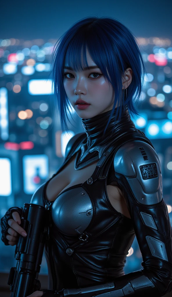 masterpiece, cyberpunk, crowd, city, night, neon light, toned, sci-fi, extremely detailed 8k wallpaper, 1girl, holding gun, battle, multicolored hair, blue hair, short hair, yellow eyes, two-tone hair, streaked hair, xenovia quarta dxd