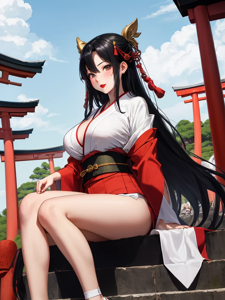 ((((((Solo)))))), ((pale girl)), horns attached to forehead, (((red floral kimono))), ((kimono off shoulder)), long black hair, (beautiful red eyes), (sitting by water), looking up at viewer, (sunset), (((mature woman))), (((mature))), ((large breasts)), ((((curvy)))), (((oni horns))), (detailed lighting), happy, (pouting), (elf ears), up close), (high view), hands between knees, sitting down, Japanese shrine, fall leaves