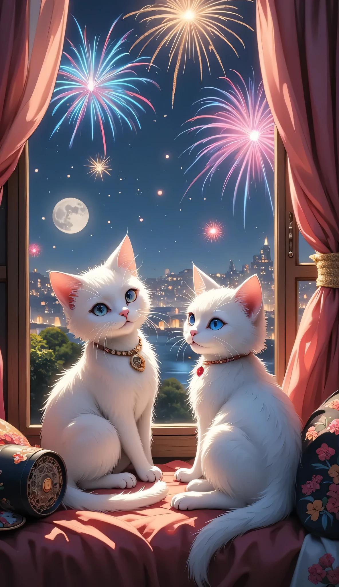 Scenery Seen Through a Window,Windowside with fireworks visible、high quality realistic 3d rendering,precise texture,Sparkling night view,Deep Colors,sophisticated composition,Charming Atmosphere,Delicate details to hold hands with cats,Exquisite Bokeh ,Masterpiece,City