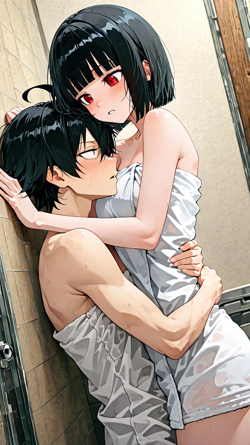 Anime girl sitting on bed,Legs crossed, seductive anime girls, small curvaceous ,, Cute anime girl,Rope Bundle SM bondage, with boy on her front side , they both are doing 69 position without dress , her mouth on his penis, his mouth on her vagina