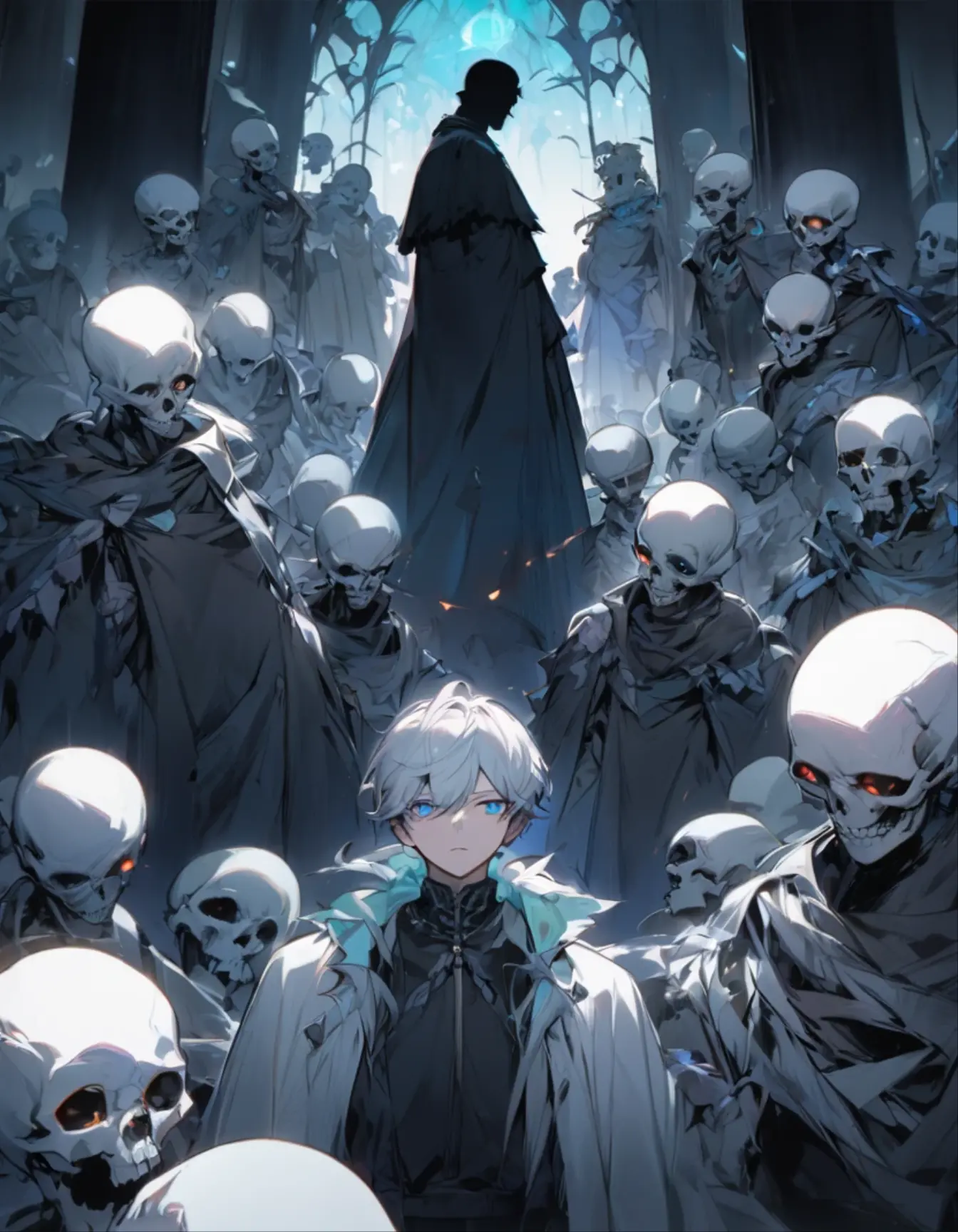highest quality、masterpiece、man in silhouette、dark scary background、suspicious light young man ,young man ,Male Dark, dark Woods, cold colors, man white hair with blue eye, Warlock dnd , Skeleton army in background