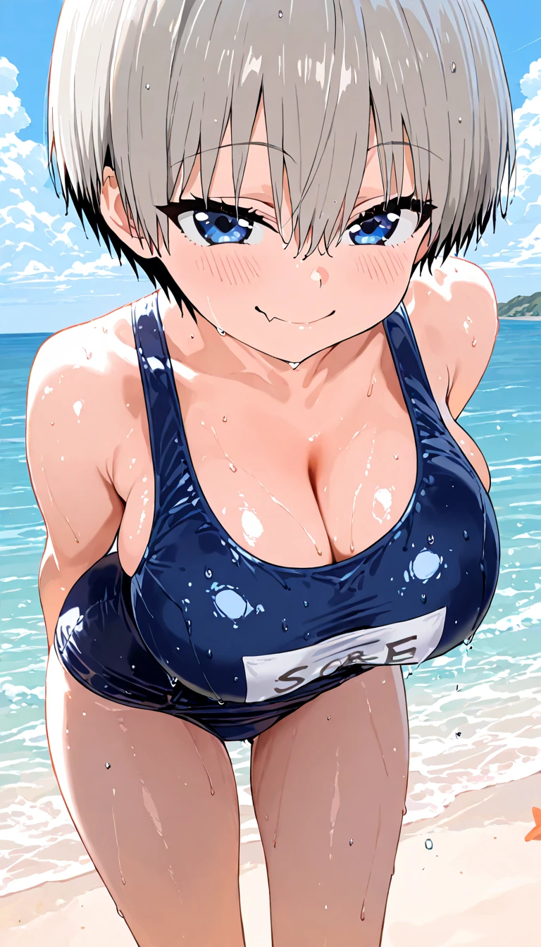 masterpiece, best quality, ultra-detailed, Potrait of beautiful , (chubby) (muscular), (plump), (sexly), (cleavage), (Breasts), (Plump), ((very short hair)), ((Uzaki Hana)), (overweight), (Gray Hair), ((Saggy breasts)), (blue eyes), (Short Hair), (blue eyes), ((thick)), (swimsuits), (naughty smile), (Canine teeth are slightly visible)