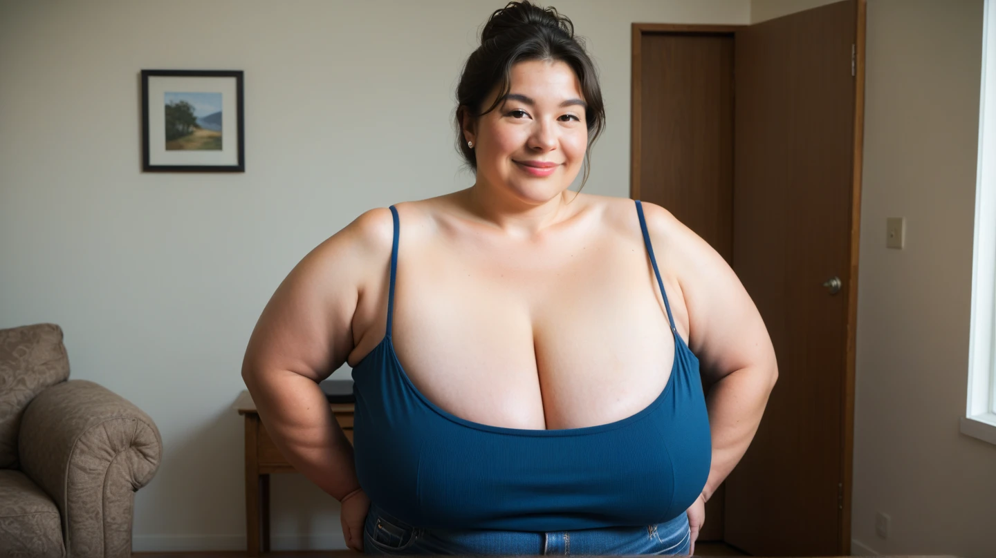 ((8K)), highest quality, 超High resolution, (Surreal)、(High resolution), 1 girl, Japanese, ((yellow sleeveless shirt)), Overweight, Extremely fat, Chubby, ((Chuckle-Smile))