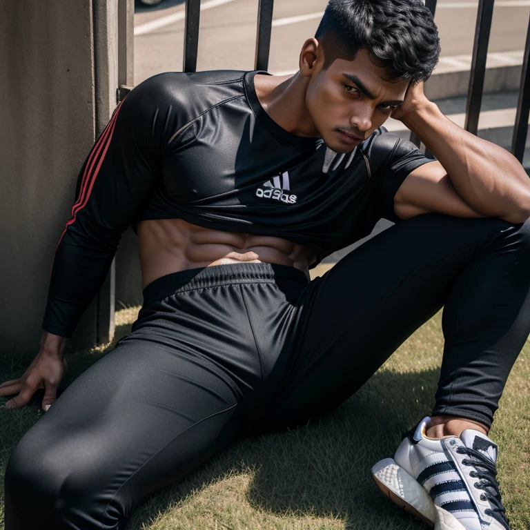 A Handsome 20years old Indian boy, realistic face and body, fitness body, black short hair cut, stylish pose, wearing a Lycra full sleeves shirt and blue trousers , full body image .