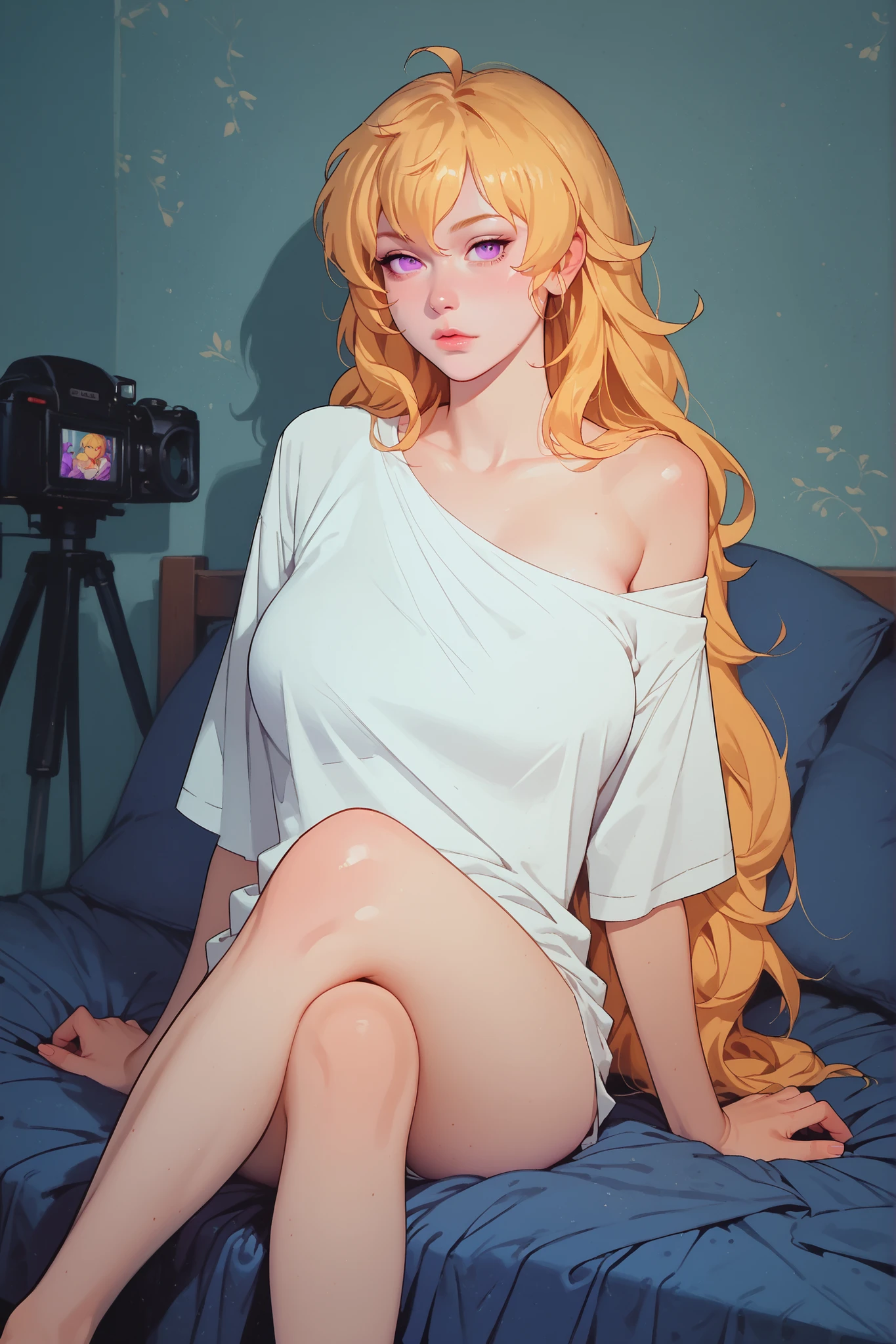Yang xiao long from rwby, very long blonde hair, purple eyes, , slim body, thin legs, sitting on a bed in an oversized white shirt, one side slipping off her shoulder, revealing her  partially, looking straight into the camera with a teasing gaze, soft natural light, sensual pose, intimate mood
