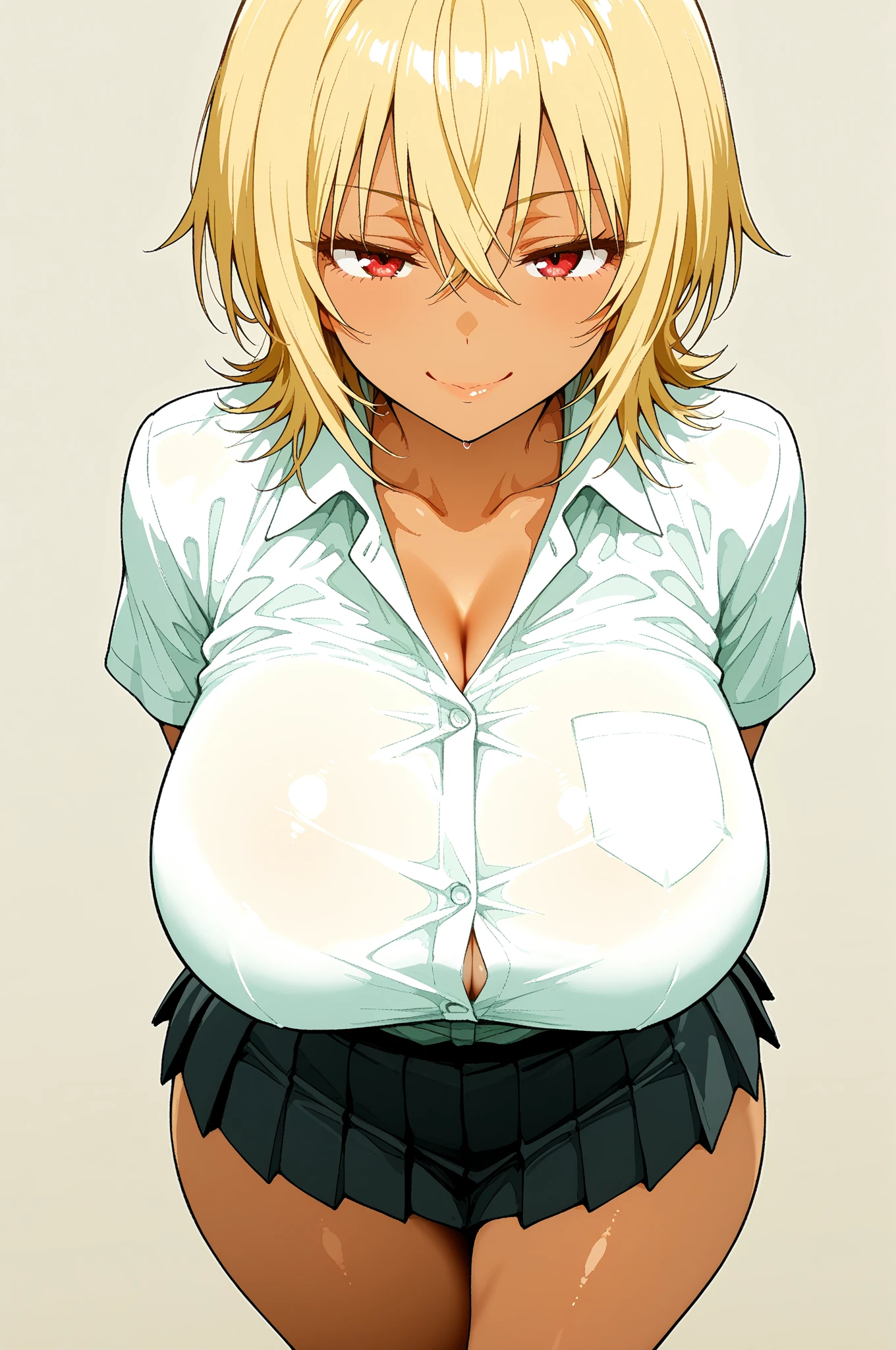 {masterpiece, distinct_image, extremely detailed CG, beautiful eyes and detailed face,realistic, photo realistic, 4k, 8k, high_resolution,perfect_finger, (beautiful_detailed_eyes:1.3), glitter, white_light, (glow_white_face, front_light:1.3), summer_light{1girl, face_focus,cowboy_shot, looking for_in_viewer, standing, (Perfect V-sign pose:1.6) },{adult, curvy, (huge_breasts, wide_hip:1.3), navel, skinny_stomach,tight_gap, groin (white_Y-shirt, black_short_skirt, cleavage, {The most perfectly hidden leopard print bra in a white shirt:1.7), (brown Cardigan tied around the waist: 1.6), red necktie, (tanning_skin, black_skin:1.6), white collar:1.5), (yellow_hair, pink_eyes, long_hair, ponytail:1.3), hime_cut, (half closed eyes, smiling face:1.3), sweat, Japanese_Anime_blue_sky_background, under green tree background}