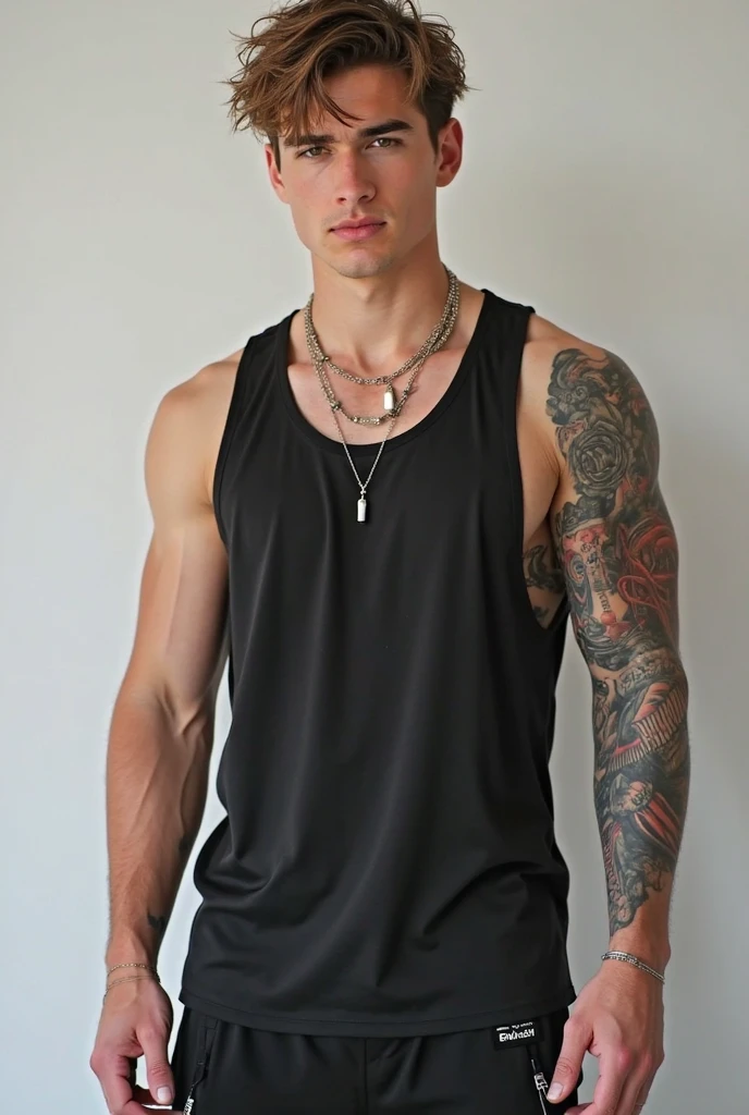 <lora:Wet_Mop_hairstyle:1> full body, photo of a muscular handsome 19-year-old male wearing a tank top and black jeans, wearing Converse sneakers, white wall background, harsh shadows, Terry Richardson style, wet mop hairstyle, necklace, arm tattoo
