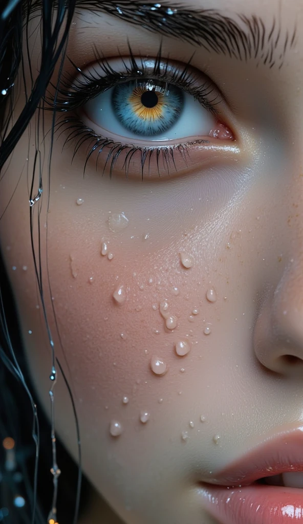 topless:1.2, ultra face closeup, looking directly at the viewer, (semen is dripping down her face and lips:1.4), Cinema lighting, perfect, soft light, High resolution skin:1.2, Realistic skin texture, 1、slim oval face,topless,Bust C cup、blue eyes, long straight black hair、Completely naked、gray background、