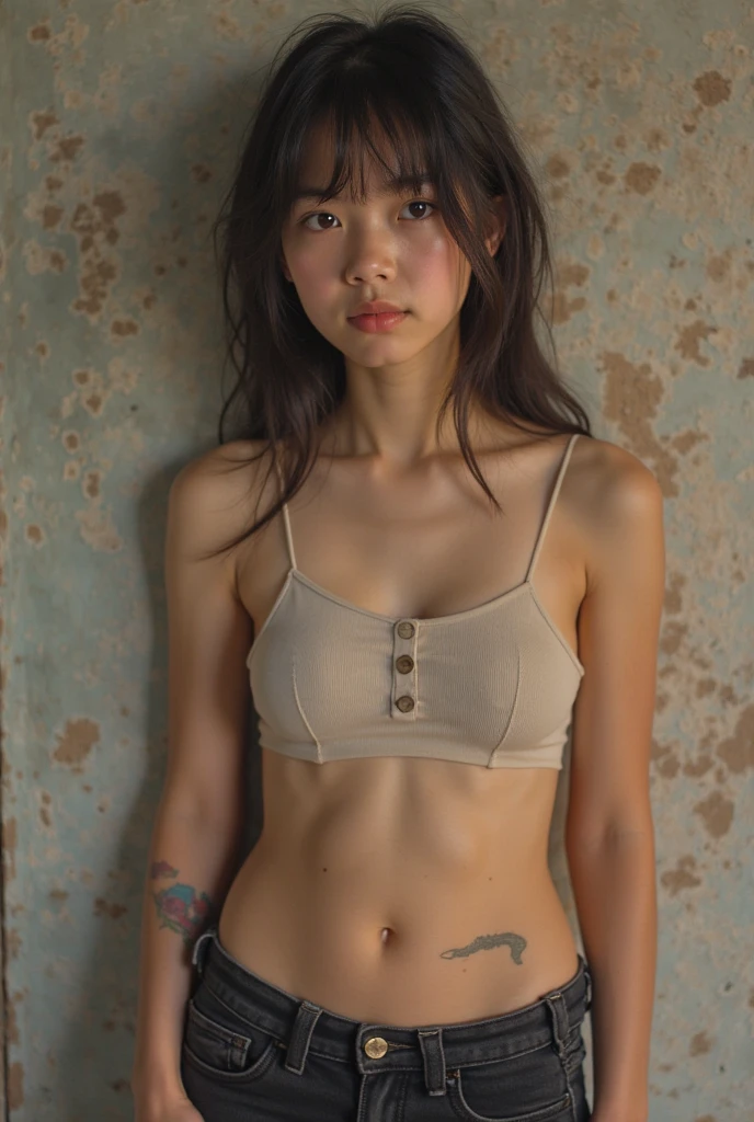 Upper body close-up、(Realistic、Like a photograph、Live Action、8K, Realistic, RAW Photos, Best image quality: 1.4), Single-lens reflex camera、RAW Photos, Highest quality, Realistic, Very detailed CG Unity 8k wallpaper, Written boundary depth, Cinematic Light, Lens flare, Ray Tracing, Realistic background、(Bust Top:1.4、hot pants:1.4、Small breasts、(Small breasts:1.3)、Reinforced Body、Abdominal muscles)、((Silver Inner Color Hair:1.1))、((Sunburned skin))、 1 female,Cute Japanese Woman、gal、((whole body:1.5))、short hair、Shortcuts、I like that style、stylish、Very detailed、Pay attention to the details、Perfect outfit、(Tanned dark skin)、Beautiful feet:1.1、Accurate Arm、standing on the Beach、Beach、blue sky、View from below