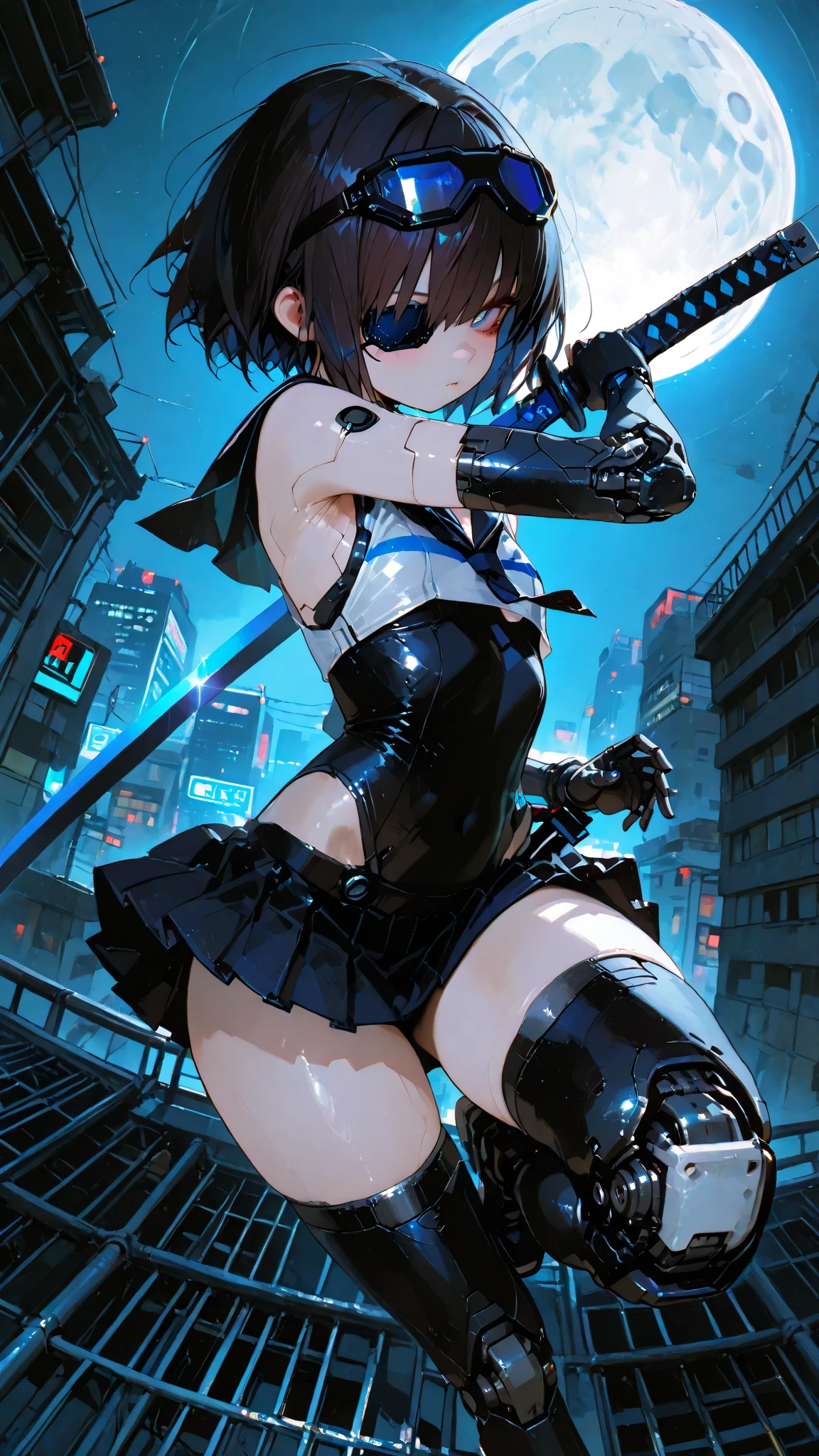 sexy leotard, legging, cup d,short black hair, floating pose, bikini armor, futuristic armor, white and blue color