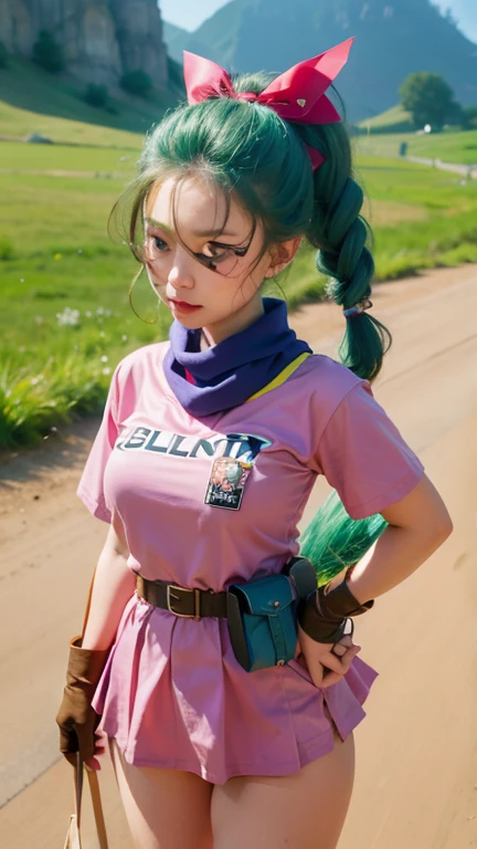 flawless, clean, masterpiece, professional artwork, famous artwork, perfect face, solo, bulma with medium breasts in a (pink minidress with (the word bulma on it)) and a belt with a fanny pack at green rocky outdoors with grass fields, <lora:bulma_v1_1:0.9>,long hair, bangs,(black rabbit ears), aqua eyes, aqua hair, purple scarf