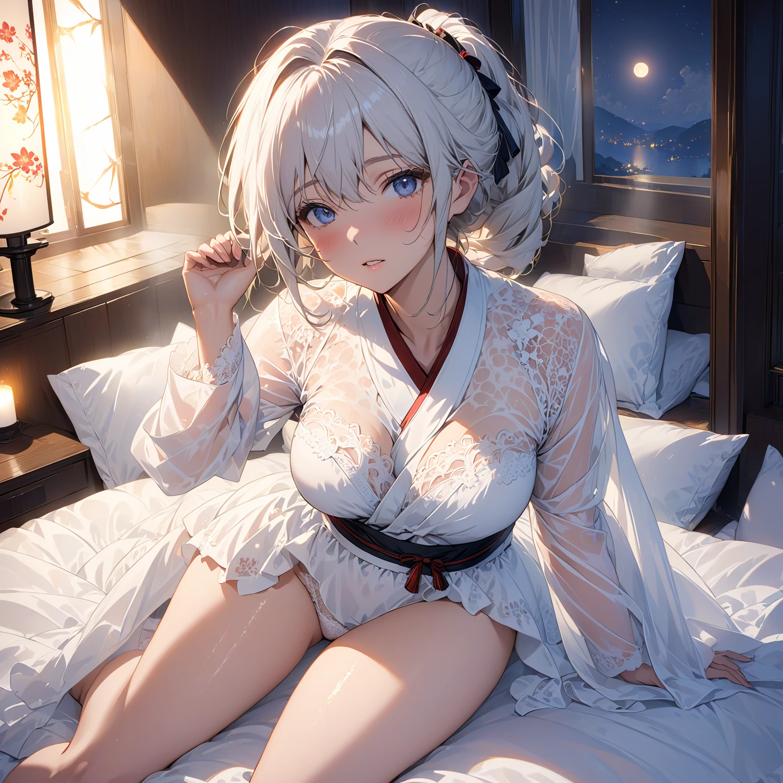 Snow-white hair and skin，Superb beauty，alluring figure，Soft and large chest，Very thin, tattered and few clothes，The whole body，Fair face，Plump and delicate thighs，There is a sense of seduction in the eyes，High ponytail