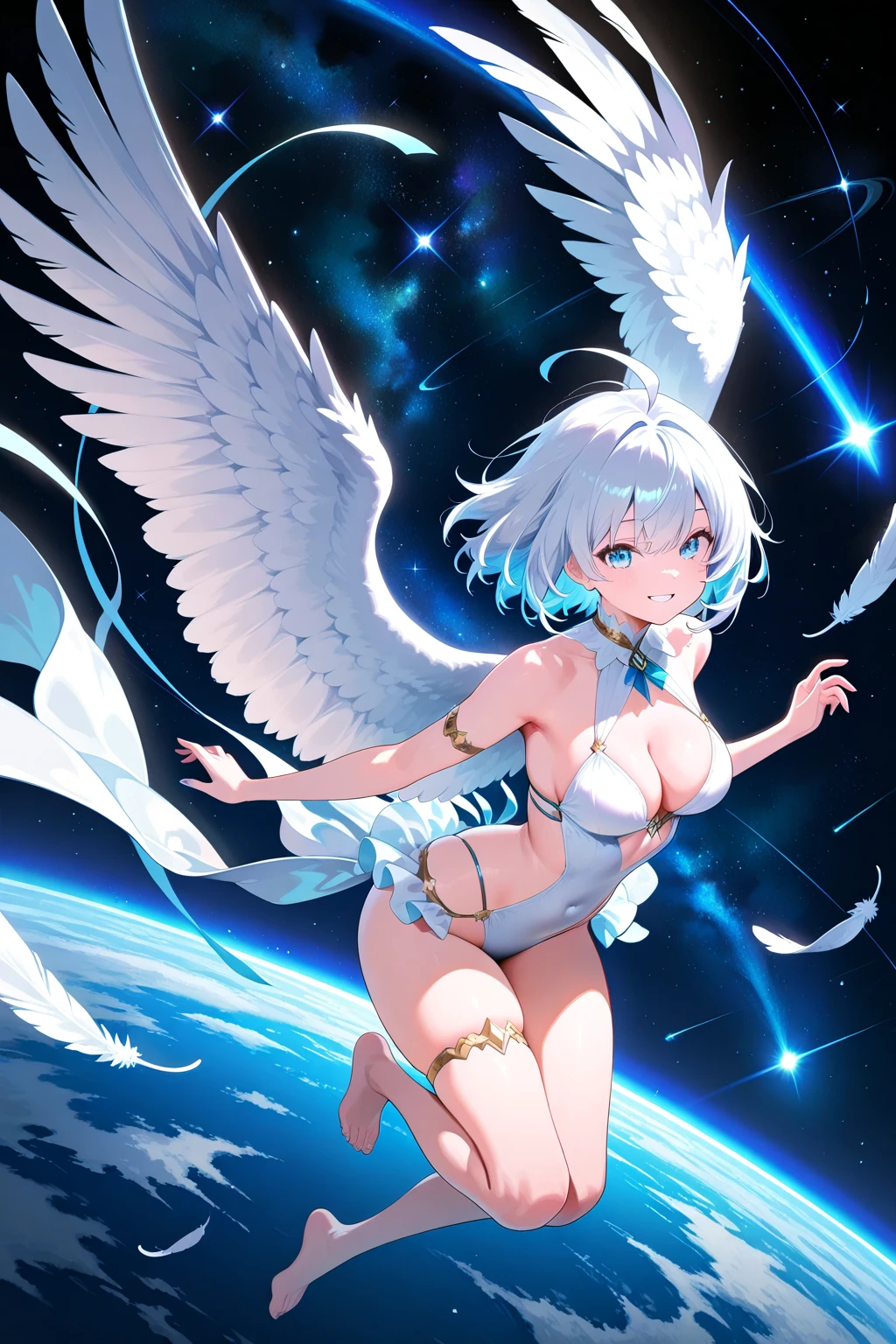 Highest quality,Highest Resolution,Beautiful girl with angry face in maid leotard,Frills,High leg,(((Floating in the air))),Halo,(((universe space))),Milky Way,meteor,Very beautiful eyes,(((White angel wings on the back))),whole body,long hair,(((Shoot a bow))),Knee-high stockings,Floating in the air,