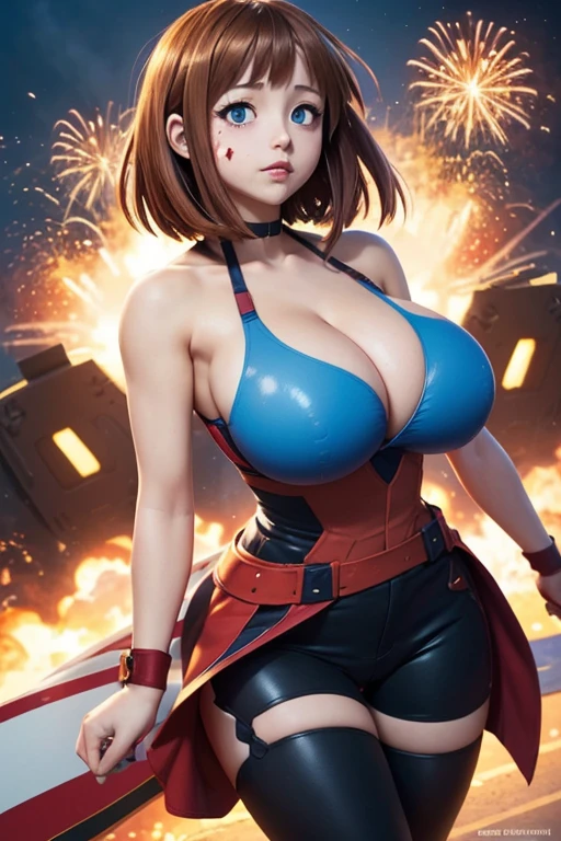 Photorealistic, Show from the hips to the shoulders, girl,Woman,Female, 年轻, 20 years old, beautiful detailed cold face, Seductive smile, beatiful detailed eyes, Log Cabage,bright skin, White skin, highleg, The specifics of the absurd, High Art, Ridiculous resolution, High resolution, (masutepiece:1.4), super detailed, 1 Awkward Girl, Smooth skin, shiny milky skin, Colossal tits, Big ass , venusbody, thick juicy thighs, 鎖骨, Cleavage Closed mouth, Cute face,Abs,( Muscular woman),  1girl in, Solo, masutepiece, Best Quality, hight resolution, hmochako, blush stickers, Short hair, medium breasts, Superhero, body suit, long boots, jump, Bound, Magic, Smile, Open mouth, skyporn, cloud, Huge magic, Huge ass, Pink body suit, White boots, Brown hair, (Torn clothes:1.2),