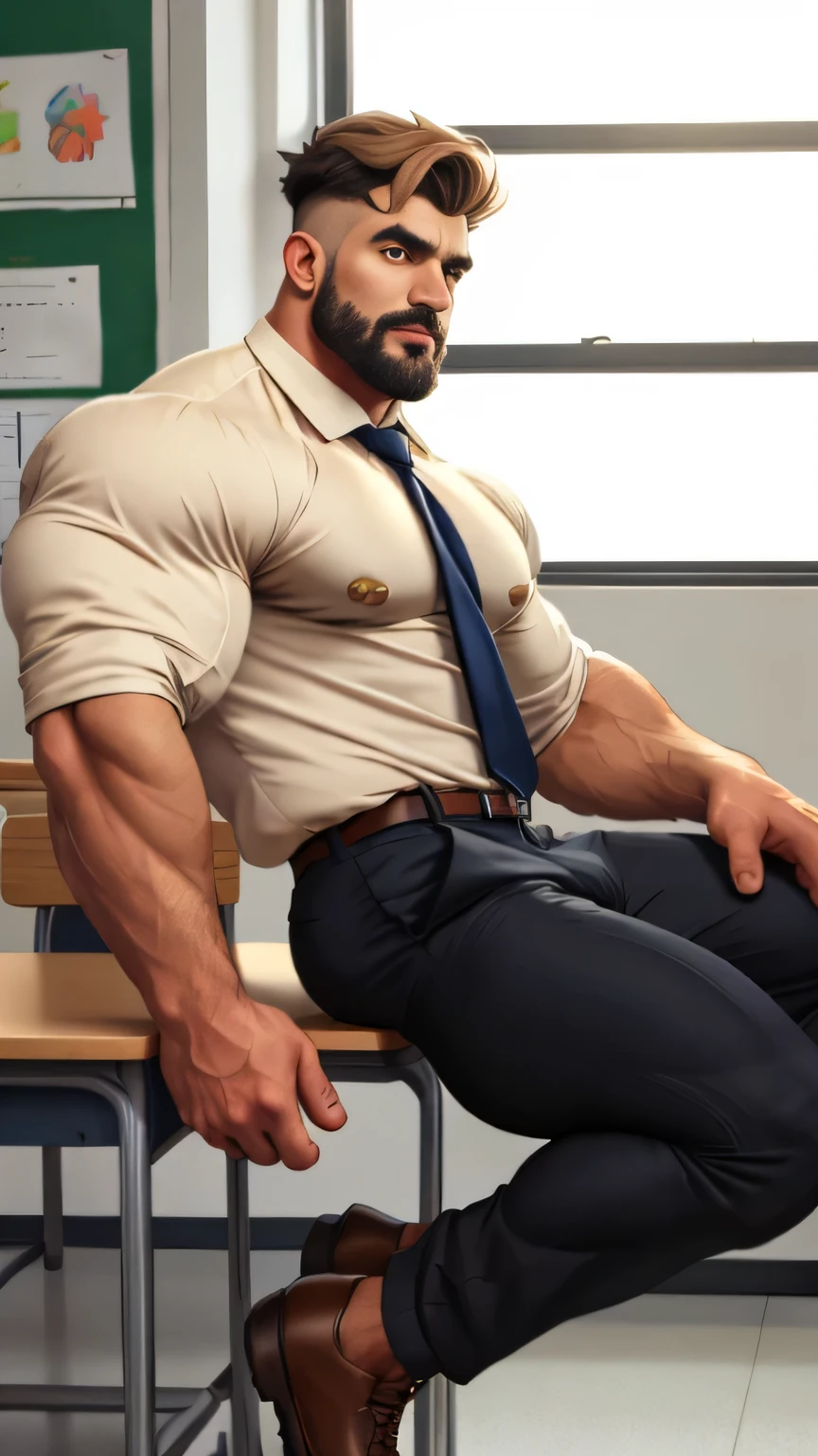 male, (only tie, only black shorts,) classroom, background of blackboad,  sit at desk, muscular, hairy, blush, middle aged man, realistic, sweating, spread legs,