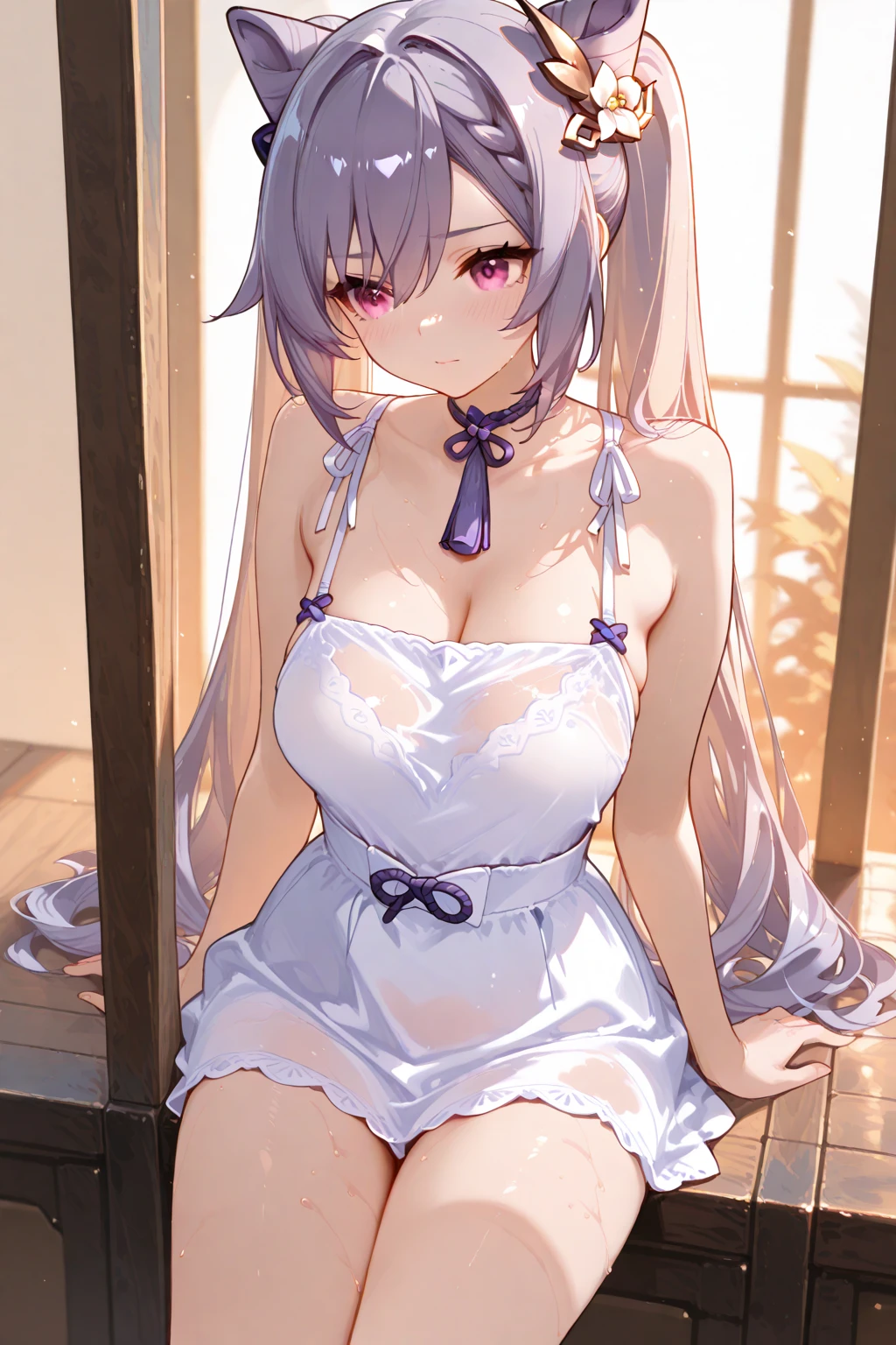 (pink_lingerie:1.1),yellow ribbon,<lora:yileina-10:0.9>,lyileina,sitting,blue eyes,purple eyes,long hair,light smile,large breasts,cleavage,best quality