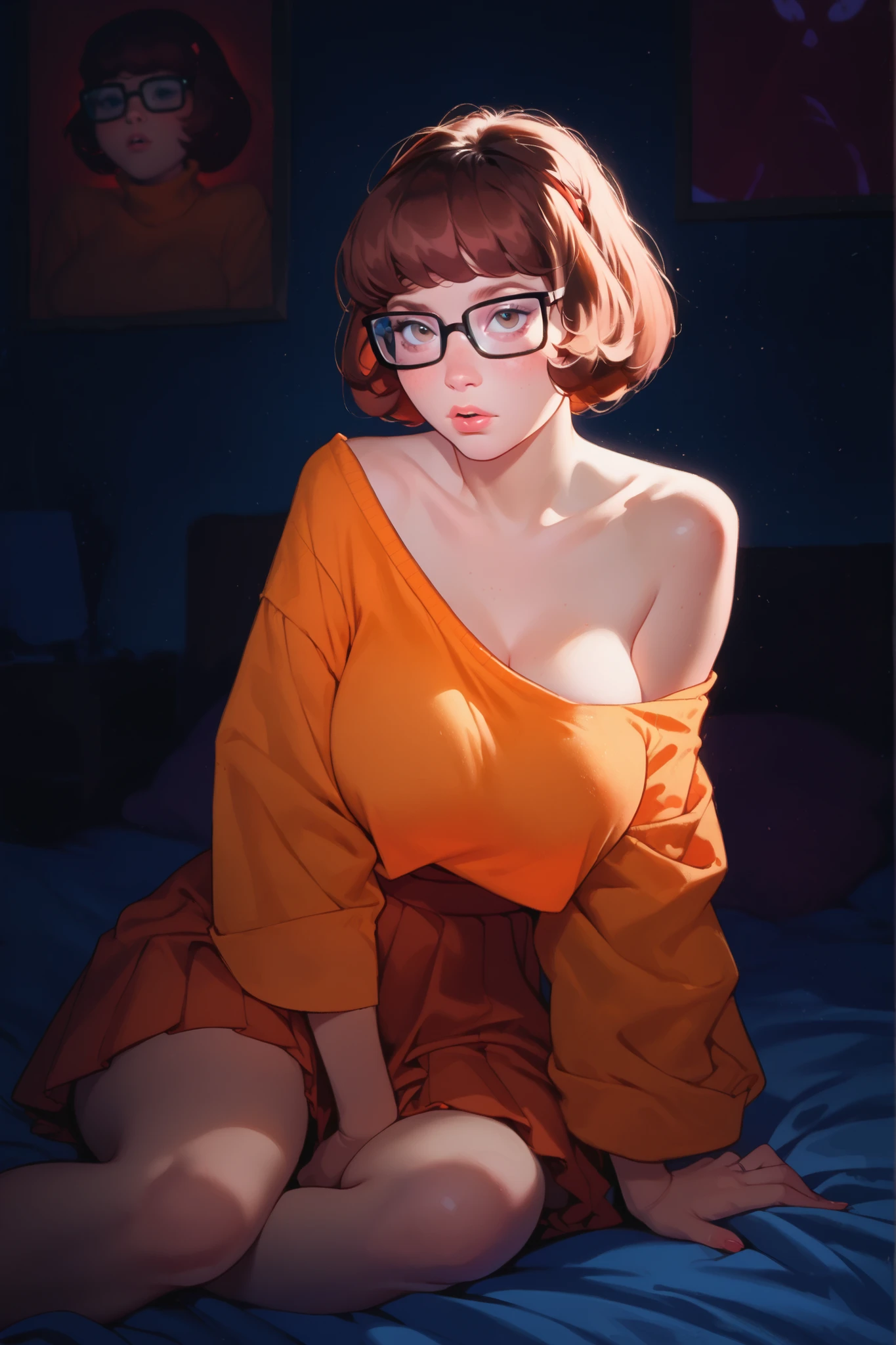 woman with short orange hair, round golden glasses, sexy and sensual woman, blushing, salivating, ahegao face, squirting, body spasming, tongue out