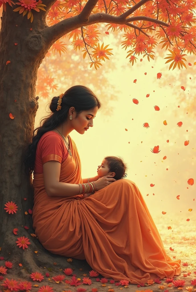 A mother in saree holding her small boy and walking through a grassy road.
