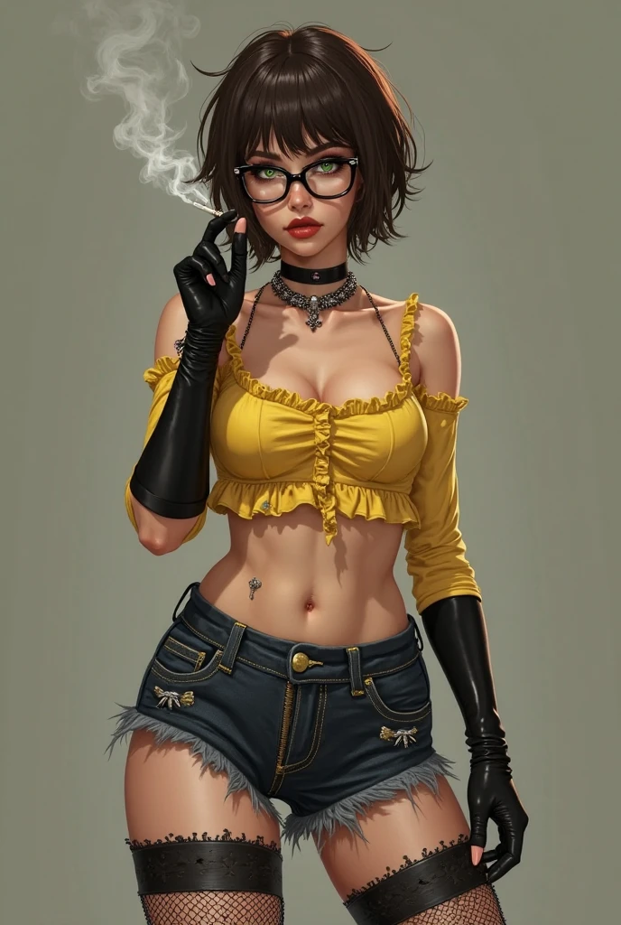 (masterpiece, best quality, hires, high resolution:1.2), (beautiful, aesthetic, perfect, delicate, intricate:1.2), (cute, adorable), (depth of field:1.2), (volumetric fog:1.4=2), (1girl, solo), (a sexy mature woman), (black skin:1.4), (dark skin:1.4), (ebony:1.4), (eyeliner, eyeshadow, glossy lips),  (thick\lips\), (afro hair), (natural breasts, cleavage), (slim waist, wide hips), (collar, piercings), (thick frame glasses:1.3), (open blue jacket), (ornate delicate bra), (tight ripped jeans pants, open pants, unzipped pants, open fly, openfly), (fingerless gloves), (in a factory), (engines, machines, cables, pipes, chains), (cowboy shot:1.4),