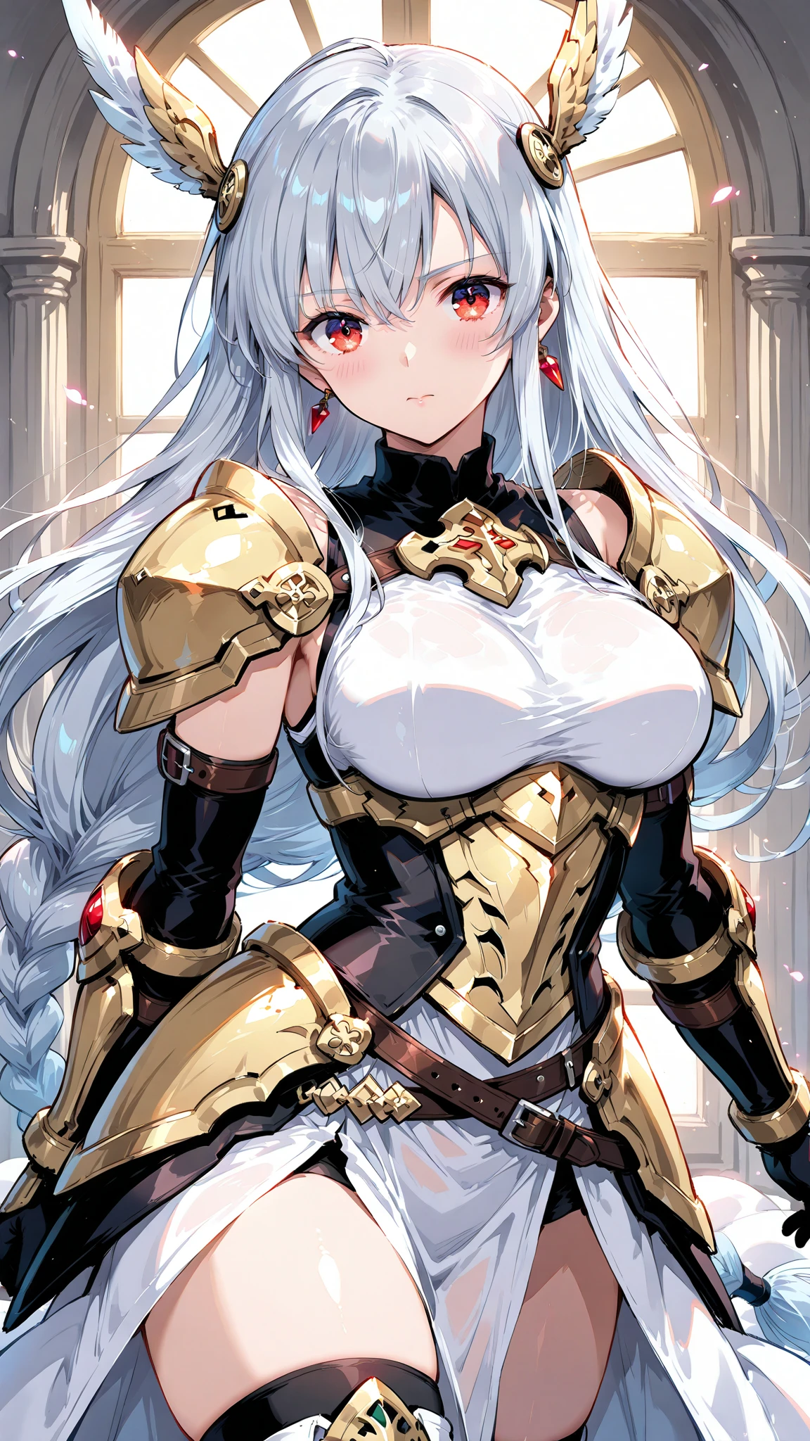 Girl with long silver hair, gold eyes, silver forehead protector, black armor, chest, cleavage, iron armor, skirt, iron boots