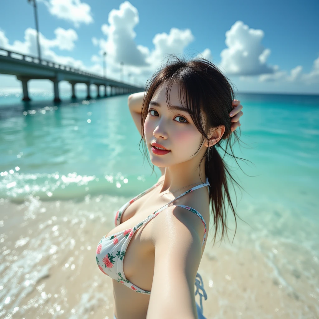 1lady, beautifullady, (8K, RAW photogr, best qualtiy, tmasterpiece:1.2),(current, Realistically:1.37), very detailed installation , ((very detailed installation :1.1)), A smile、fullbodyshot,school swimwear、standing,Shooting on the beach