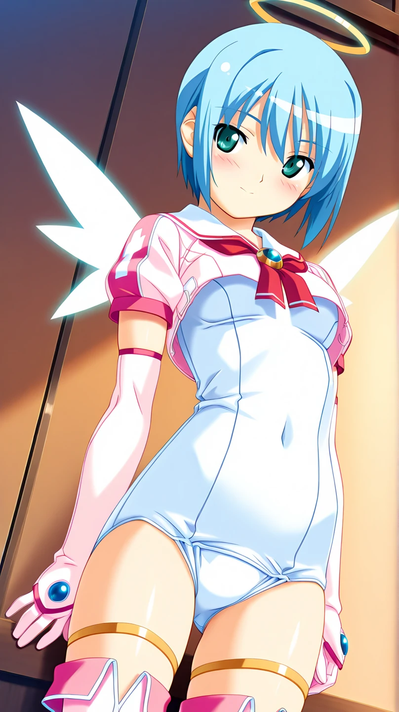 <lora:manabe_rika_v7-000004:0.7>, <lora:angelMagicalClothes_v3-000006:0.7>, masterpiece, best quality, manabe_rika, 1girl, blue_hair, green eyes, angelMagicalClothes, magical_girl, ((wings)), sailor_collar, crop_top, one-piece_swimsuit, elbow_gloves, halo, looking at viewer, solo, (jumping), dynamic pose, arms up, landscape, grass,  outdoors
