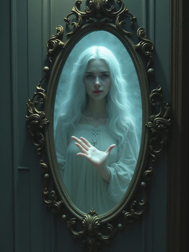 A ghostly woman extending her hand from a mirror, offering hand - SeaArt AI