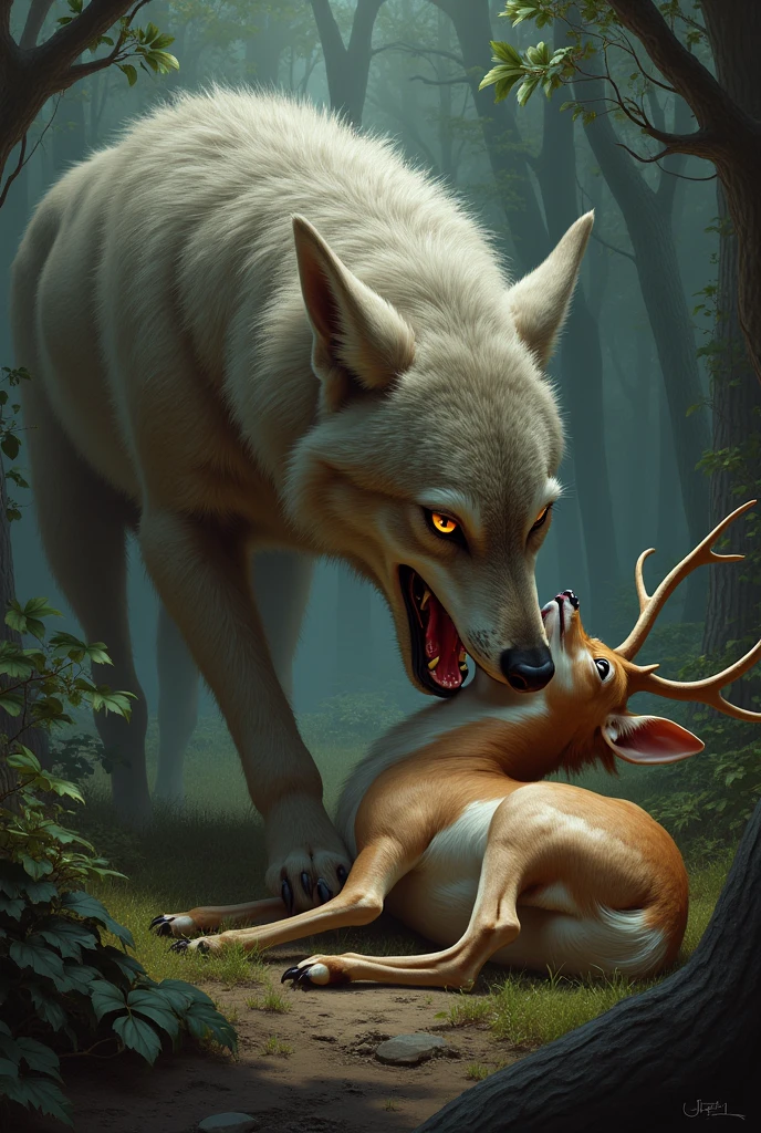 A wolf eating a deer More realistic as a cartoon the same but in a slightly more realistic drawing