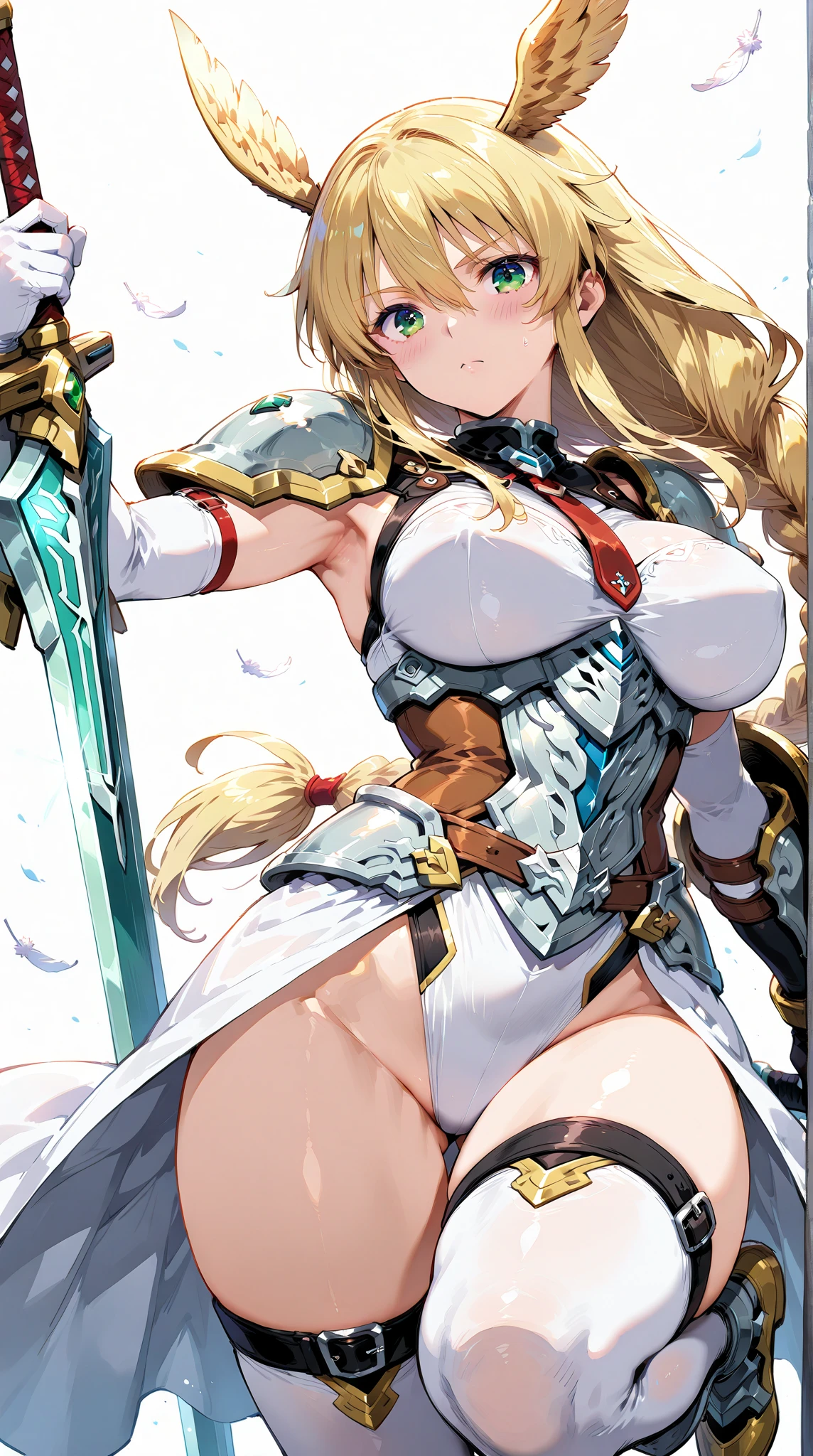 Very detailed、Highest quality、Best image quality、masterpiece、8k、(shoulder-length blonde hair:1.5、Medium Long Hair)、(smile、Open Mouth) 、(Hilarious)、(Big eyes)、(Beautiful and shining eyes)、(Detailed anime eyes)、(Puffy eyes)、(Big Breasts:1.8、necklace)、((SFW Huge Body:1.3))、(Wearing bikini armor:1.5、White highleg panties、Arm Armor、Leg armor:1.5、Wearing a helmet:1.5)、(Holding a sword:1.5)