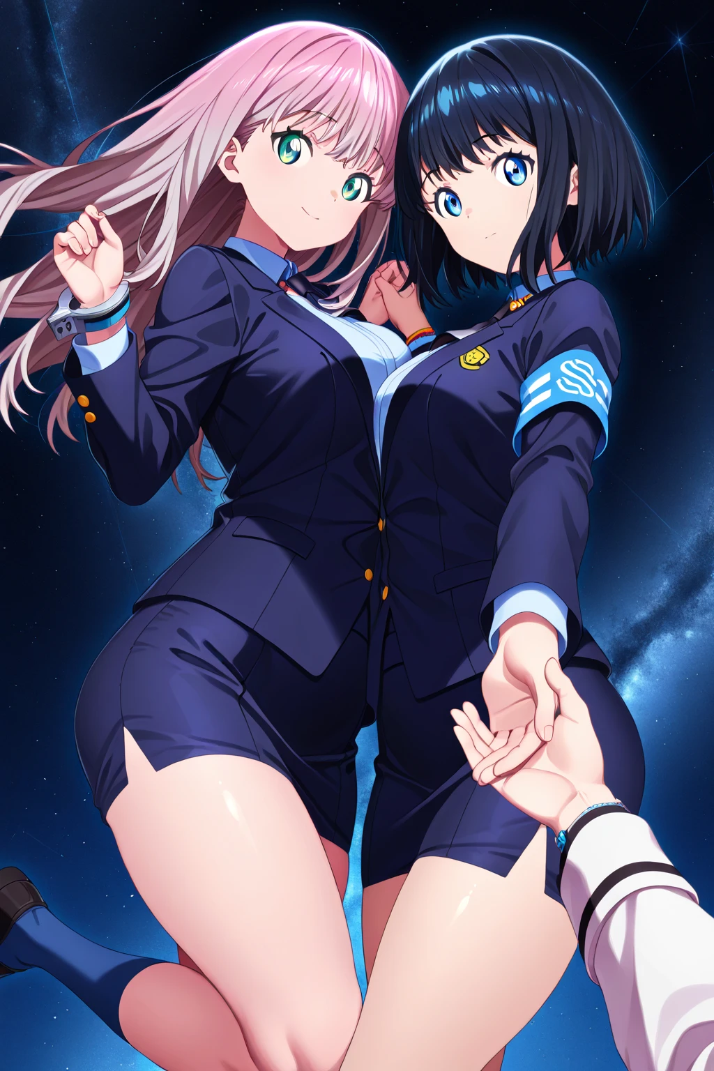 BREAK、(masterpiece、Highest quality、Highest Resolution、Clear_image、Detailed details): (One Girl、Japanese Faces、High knot ponytail、cute、Dark blue hair girl、（Perfect body：1.4）、Sparkling blue eyes、(White and navy blue pilot suit、White and navy tight-fitting clothing、Wear full white and navy blue cover、White and navy thigh-covering pants、White and navy shoulder cover outfit、White and navy shiny clothes、Navy blue tight-fitting pants that hide the legs、Clothing that doesn't attract skin、Clothes that hide the skin、Clothing that protects the skin、Armor to hide the chest)、Very delicate and beautiful、Detailed Skin、Slim Body、Exoskeleton、cute系、Happy smile、Soft expression、heroine、White and navy blue long boots、Elbow-length gloves、headset)、(Simple Background、White background:1.6)