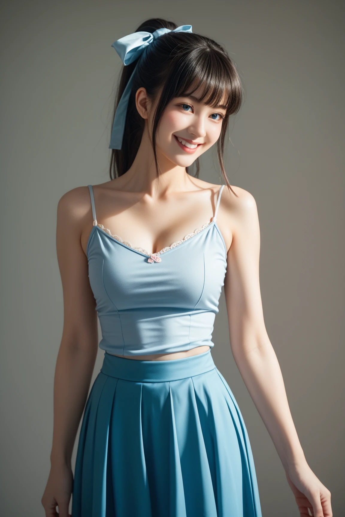 (8K、Raw photography、highest quality、masterpiece:1.2),(black haired、very short hair:1.8),(twin mitsu braid:1.4)、show viewer,Looking at the front,erotic,白いskin,(she is wearing pink and light blue clothes 。.:1.7)、()、(Clothing that emphasizes the shape of your chest、publish one'skin:1.8)、(big breasts :1.4)、slim body shape、ultra high resolution,beautiful,beautiful fece,(alone、no background:1.9),whole bodyボディー,japanese woman,(Photoreal:1.37)、photon mapping,reality、(Baby-faced and cute: 1.0)、(cute smile: 1.7)、(With a round face: 1.7)、radio city、Physically based rendering、depth of field rally background、photograph, (I can see your knees,short skirt、close up of thighs:1.5),whole body、super fine
