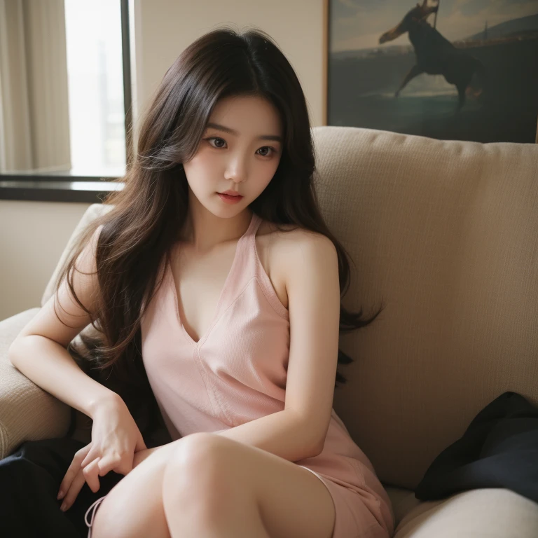 1 Girl,Sitting on the bed,Soft Light,Chinese Beauty,dress,Long hair